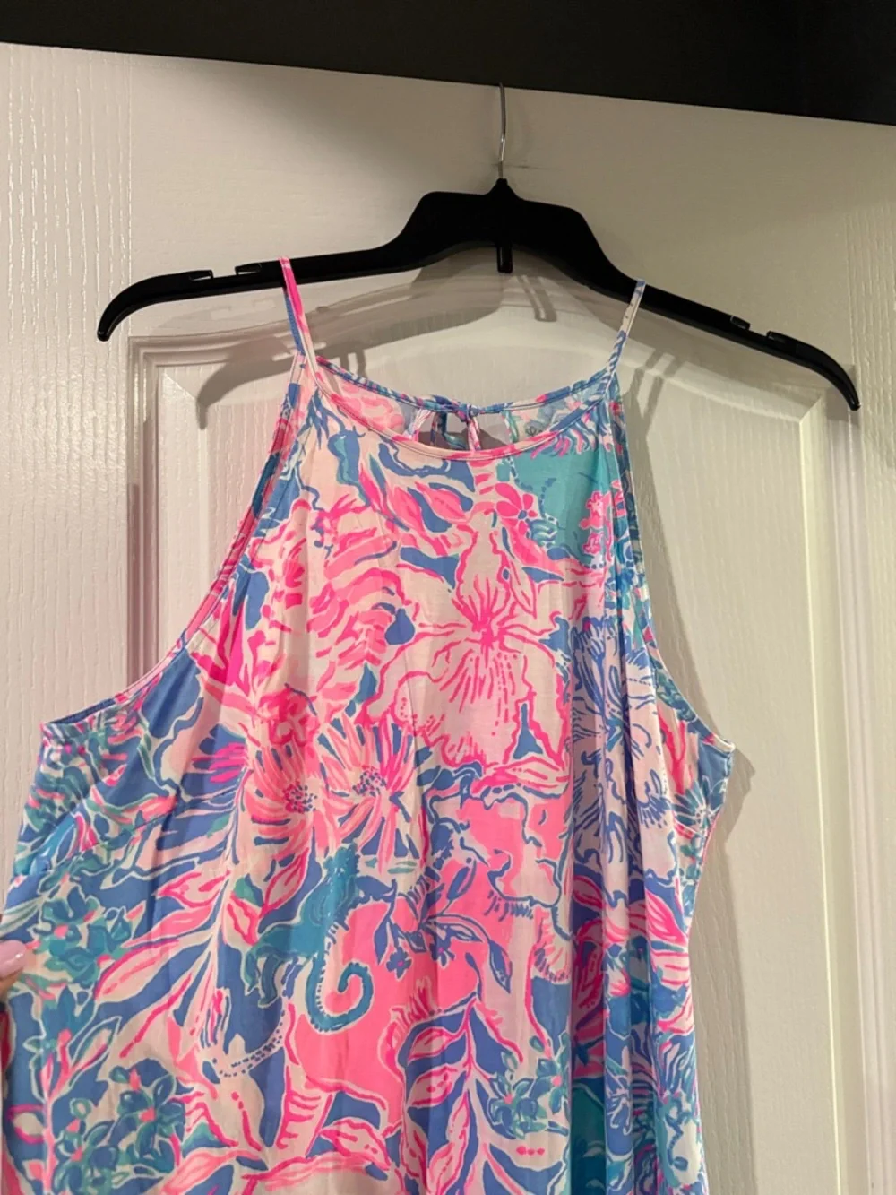 Sleeveless Tropical Print Maxi Dress in Pink & Blue - Picture 3 of 5